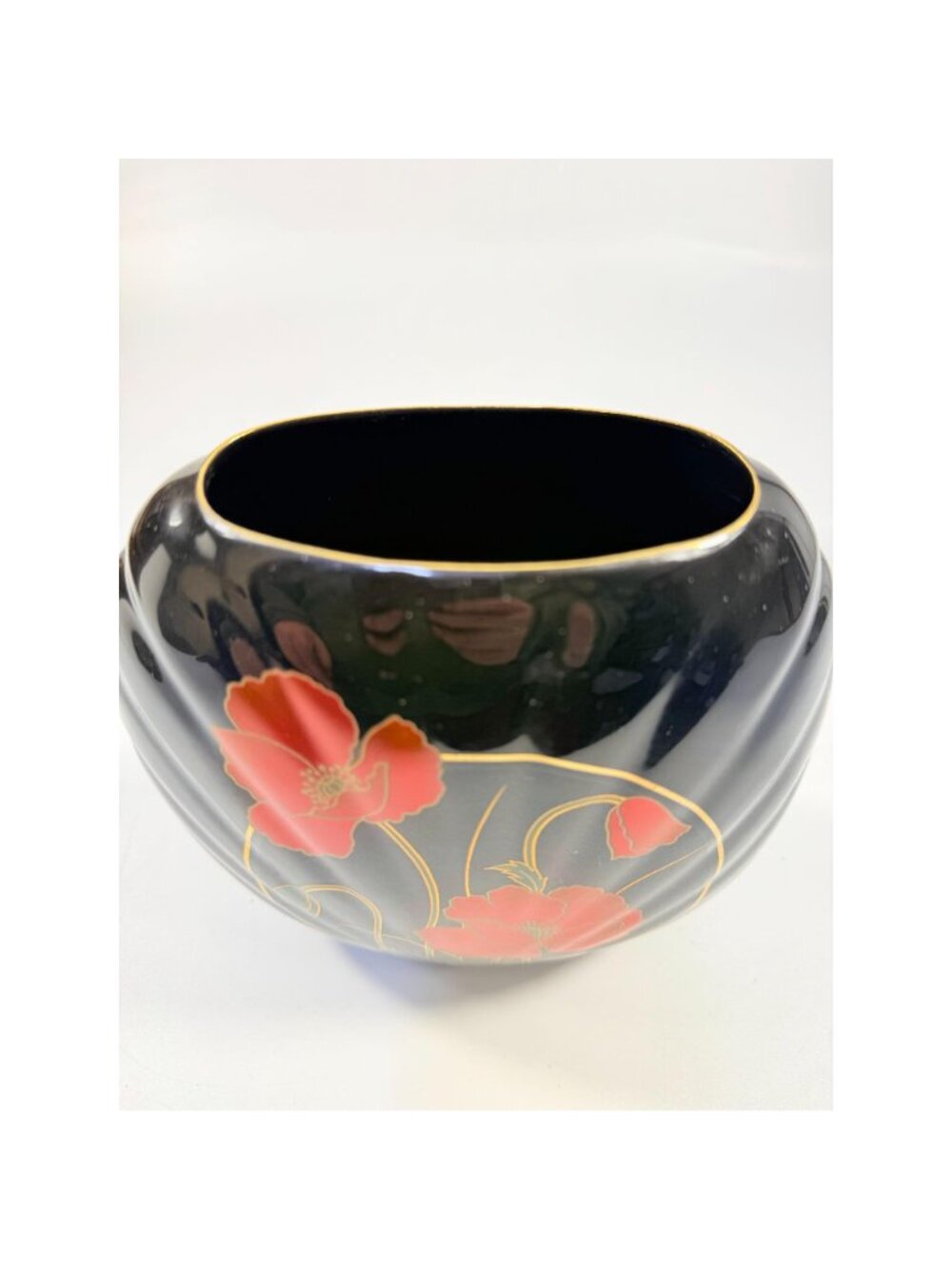 Oriental Vase Black Gloss Porcelain Red Poppies Flowers Poppy Fine China Japan 8 - Picture 4 of 16